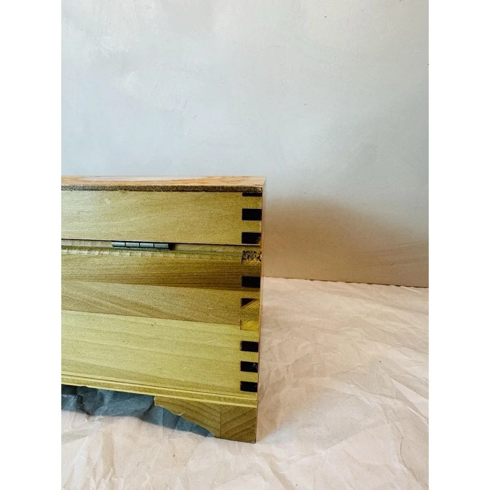 Vintage Cedar Jewelry box with carved and fall decopage lid, mirror inside